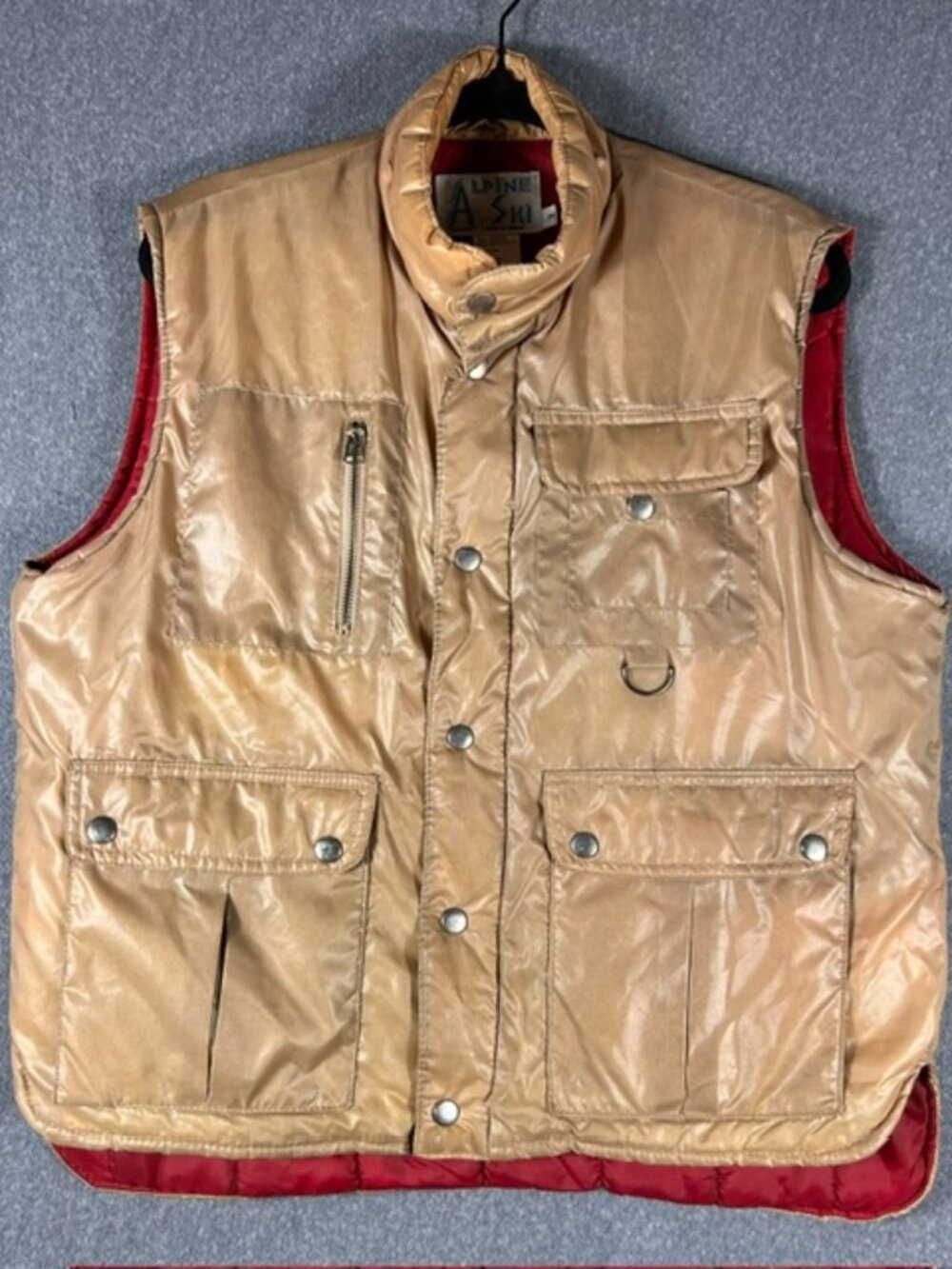 Alpine Ski Puffer Vest Mens Sz Medium Tan Multi Pockets Vintage Button Up